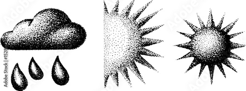 Unique weather symbols with stippling ink technique for design and print