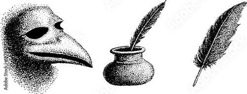 Intricate stippling ink illustration featuring plague doctor mask and quill set with inkwell