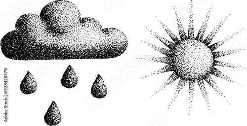 Artistic weather contrast with stippling ink technique - sun and raincloud design