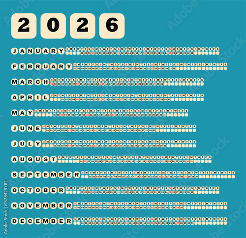2026 Calendar with Monthly Views. A colorful and organized 2026 calendar, with each month.