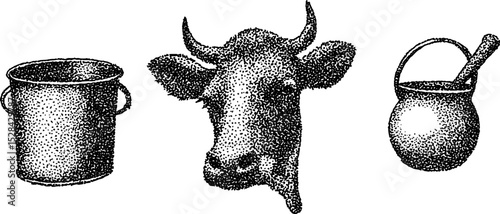 Hyper detailed ink stippling illustration of cow and milk buckets for vintage design