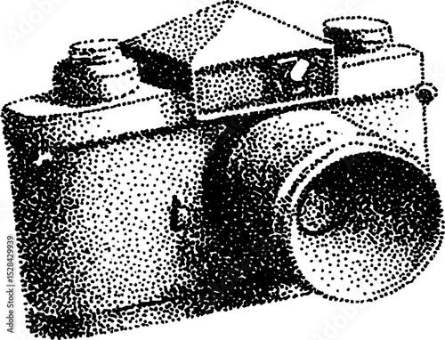 Vintage camera stippling ink art with halftone detail for retro design