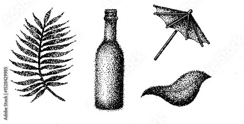 Stippling ink halftone illustration featuring palm leaf, bottle, umbrella, and leaf
