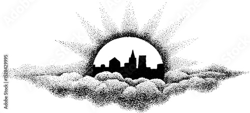 Stippling ink skyline with sunrise behind clouds - detailed halftone illustration for design