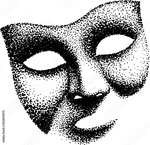 Intricate mask stippling illustration in detailed halftone ink design