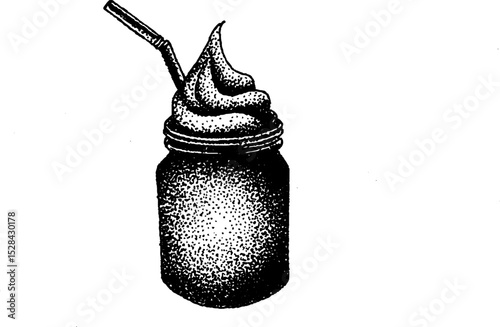 Intricate halftone ink stippling of whipped beverage in jar with straw