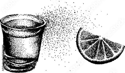 Hyper detailed stippling art of shot glass and lemon slice in ink halftone style