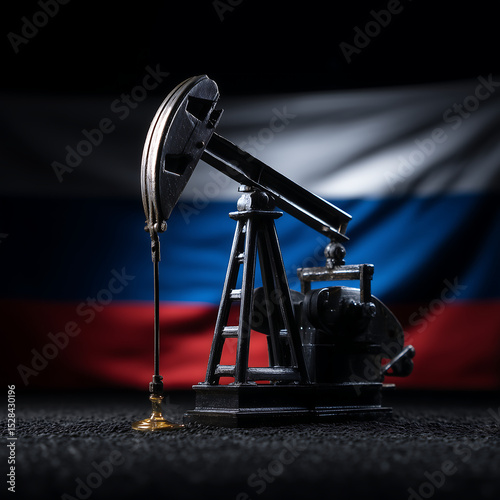 Oil rig against the background of the Russian flag. The concept of the main resources of this country