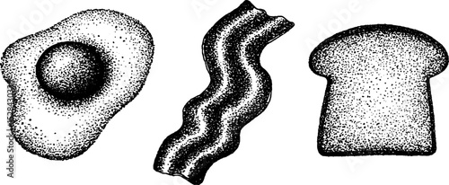 Breakfast food art with eggs, bacon, and toast in detailed stipple ink style