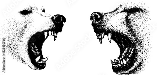 Intricate stippling ink art depicting two roaring bears with halftone details