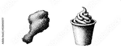 Stippling ink illustration of a chicken drumstick and ice cream cone in halftone style