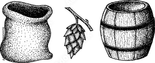 Rustic brewing elements: stippling ink illustration of burlap sack, hops, and wooden barrel