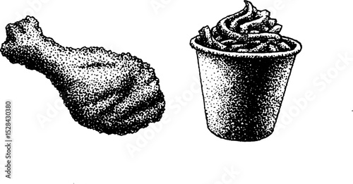 Stippling ink artwork of fried chicken and ice cream cup design