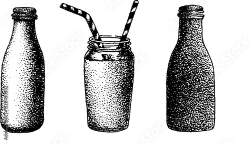 Stippling ink illustration of bottles with straws in halftone style for artistic design