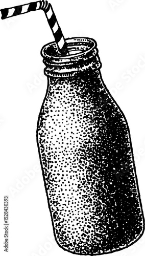 Hyper detailed stippling ink illustration of a vintage bottle with straw