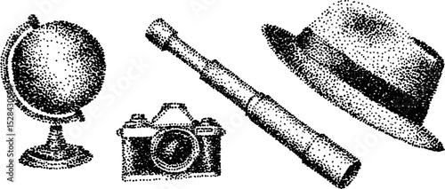 Vintage travel ensemble in stippling ink art featuring globe, camera, telescope, and fedora