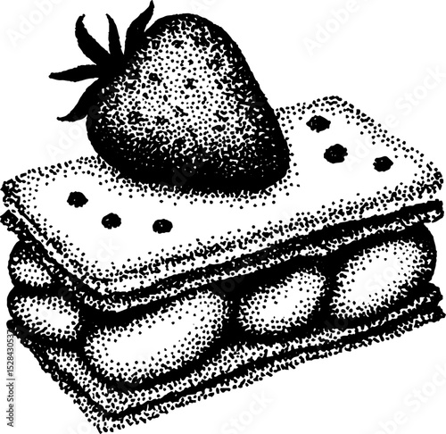 Hyper detailed stippling ink illustration of a strawberry pastry with halftone texture