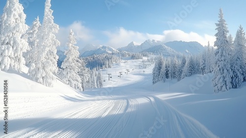 Ski resort mountain slopes snow-covered pine trees winter. Alpine landscape skiing tracks chairlift blue sky. Sports recreation vacation travel concept