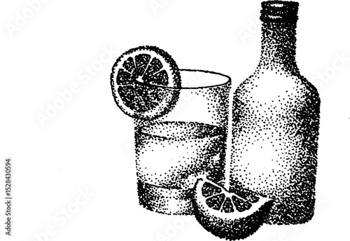 Stippling ink halftone illustration of a bottle and glass with lemon slices for art design