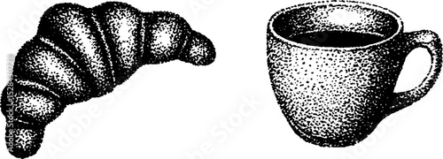 Stippling ink art of croissant and coffee cup for café menu design