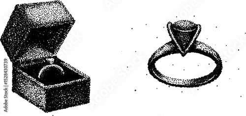 Hyper detailed stippling ink art of engagement ring and box