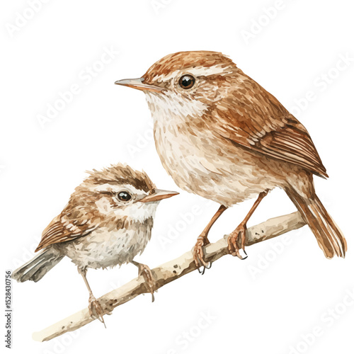 A Mother Wren With Her Kid, watercolor painting vector, high quality, isolated on a white background.