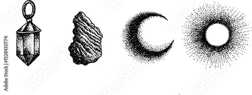 Intricate stippling ink art with halftone patterns featuring pendant, stone, crescent moon, and sunburst