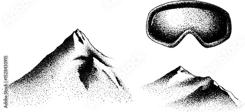 Stippling ink halftone art of mountain peaks and ski goggles for design