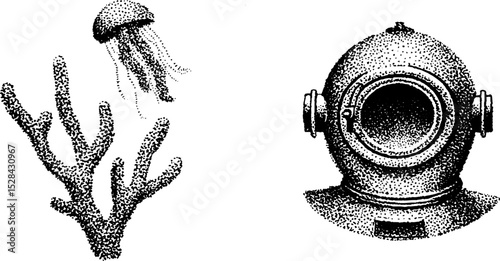 Detailed stippling ink art of diving helmet, jellyfish, and coral