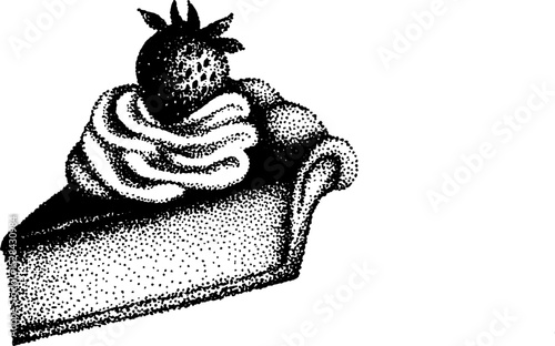 Intricate stippling ink illustration of a dessert slice with fruit topping