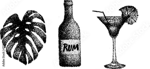 Stippling ink art of monstera leaf, rum bottle, and cocktail glass