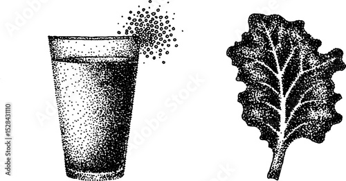 Intricate stippling art of kale leaf and glass in halftone ink design