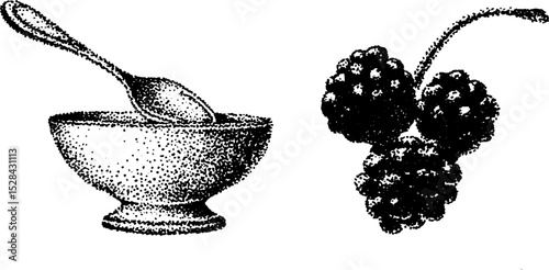 Blackberries and bowl with spoon in detailed stippling halftone ink art for vintage design