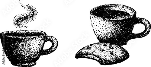 Stippling ink illustration of coffee cups with steam and cookie detailing