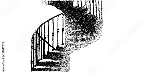 Intricate stippling ink illustration of spiral staircase in halftone detail