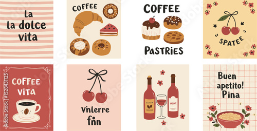 Set of hand drawn vintage posters in dolce vita style. Whimsical drawings of coffee and pastries. Breakfast, lunch, dinner concept.