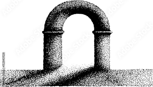 Hyper detailed stippling ink illustration of a rustic archway with halftone texture for design and decoration