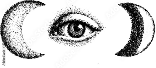 Intricate stippling ink illustration of eye with crescent moons for artistic design