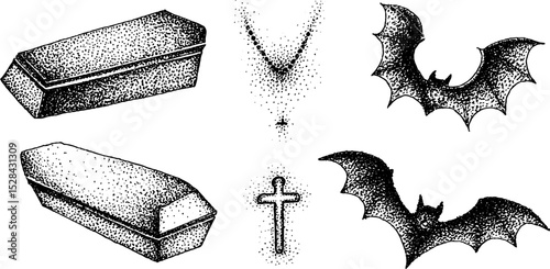 Gothic stippling art with coffins, cross, and bats in ink halftone style