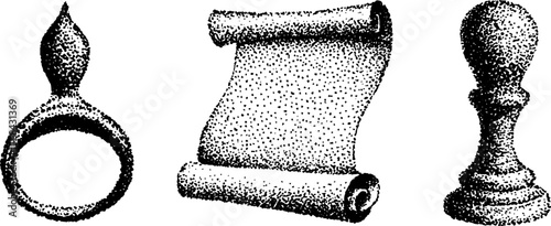 Stippling ink illustration of vintage scroll, wax seal, and ring emblem