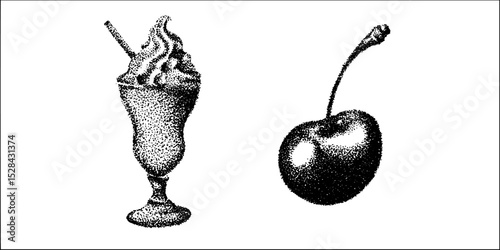 Stippling illustration of ice cream sundae and cherry in ink halftone style