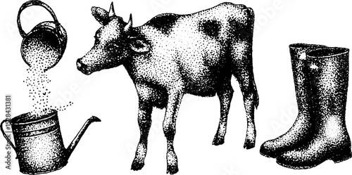 Hyper detailed stippling ink illustration of farm life with cow, watering can, and boots