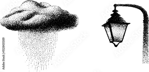 Intricate ink stippling artwork of rain cloud and vintage street lamp