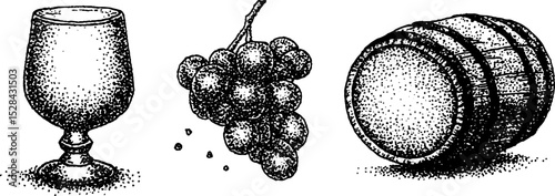 Vintage wine elements with grapes and barrel in detailed ink stippling illustration