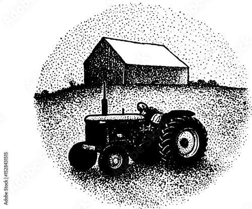 Rural farm life scene with tractor and barn - stippling ink halftone detailed illustration