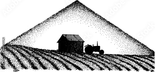 Rural farm landscape with tractor and barn in stippling ink style