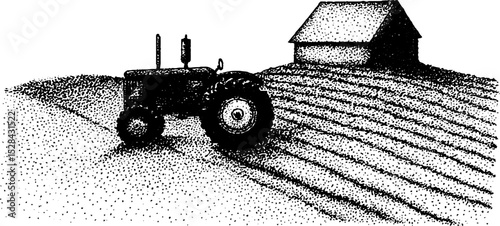 Vintage farm scene with tractor and barn in stippling ink technique