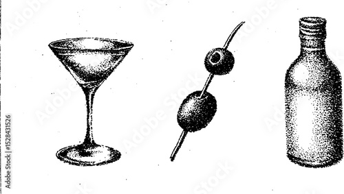 Stippling ink halftone illustration of martini, olives, and bottle for bar design