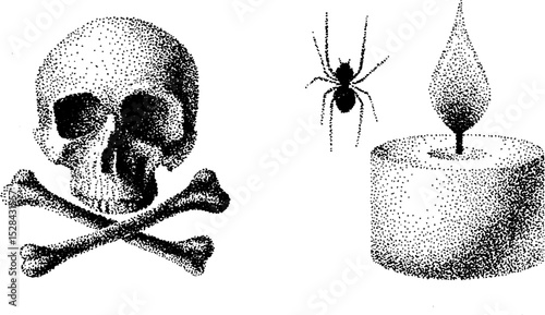 Stippling ink art with skull, bones, spider, and candle