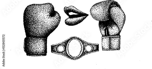 Hyper detailed ink stippling of boxing gloves championship belt and lips